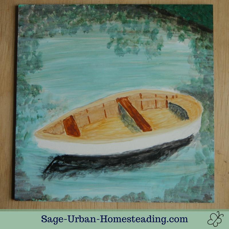 painting: boat and leaves reflected in water